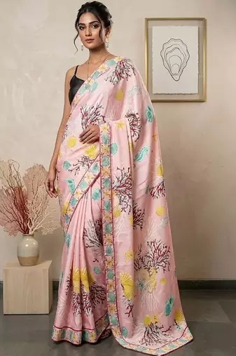 Pink women pink ocean themed printed pre draped saree