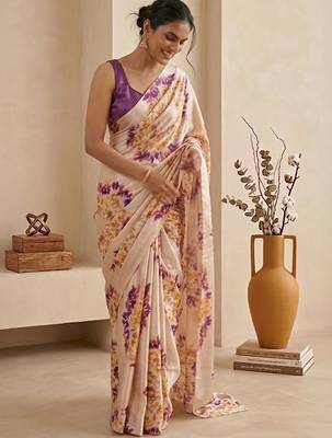 Cream women cream coloured purple floral printed pre draped saree 1