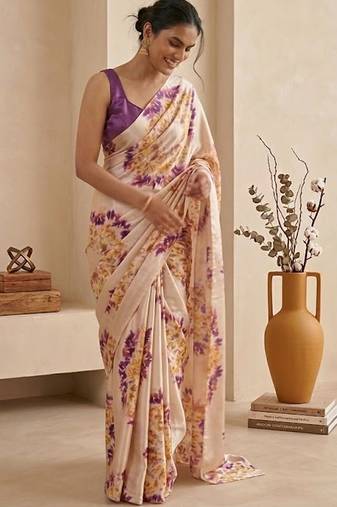 Cream women cream coloured purple floral printed pre draped saree