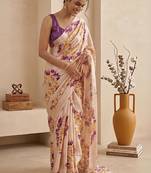 Cream women cream coloured purple floral printed pre draped saree