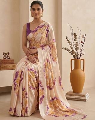 Cream women cream coloured purple floral printed pre draped saree 2