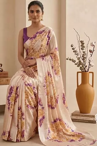 Cream women cream coloured purple floral printed pre draped saree