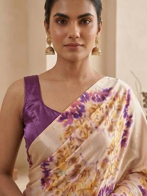 Cream women cream coloured purple floral printed pre draped saree 3