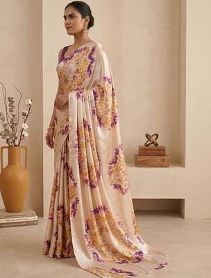 Cream women cream coloured purple floral printed pre draped saree 4