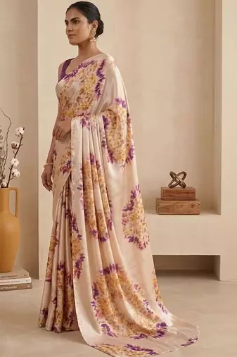 Cream women cream coloured purple floral printed pre draped saree
