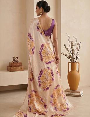 Cream women cream coloured purple floral printed pre draped saree 5