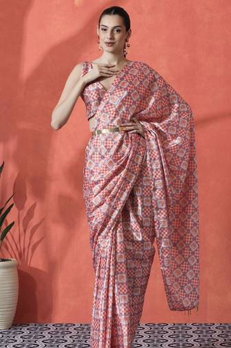 Peach ready to wear checked digital printed saree
