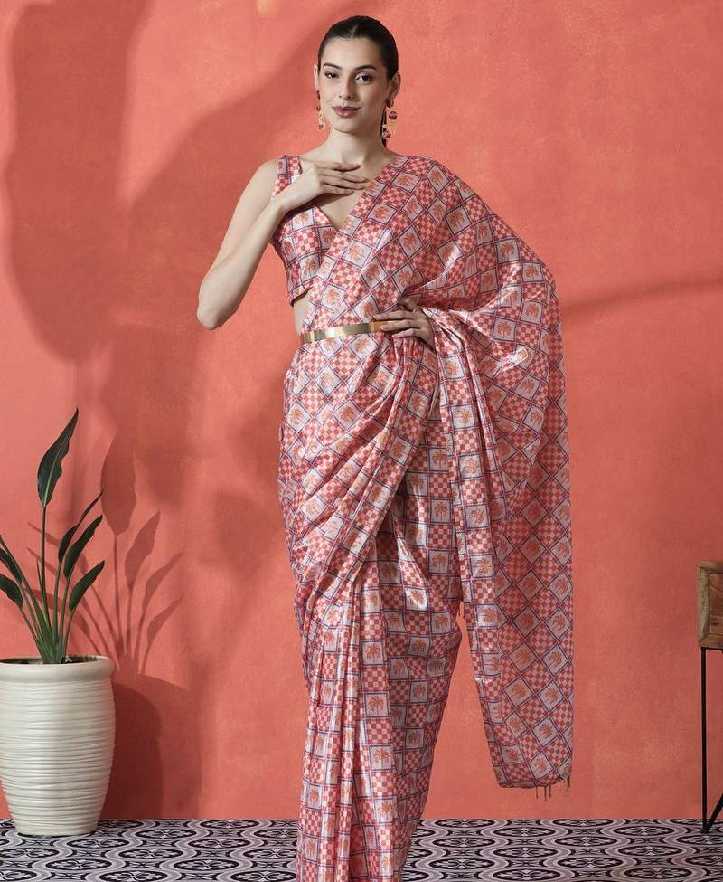 Peach ready to wear checked digital printed saree