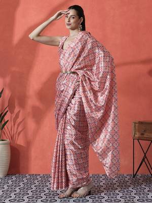 Peach ready to wear checked digital printed saree 2