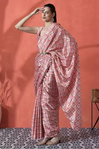 Peach ready to wear checked digital printed saree