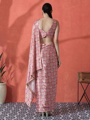 Peach ready to wear checked digital printed saree 3