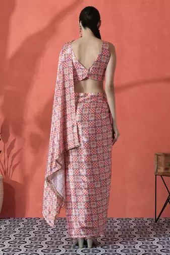 Peach ready to wear checked digital printed saree
