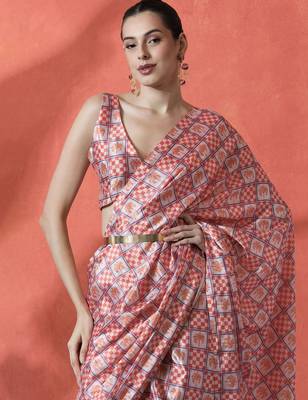 Peach ready to wear checked digital printed saree 4