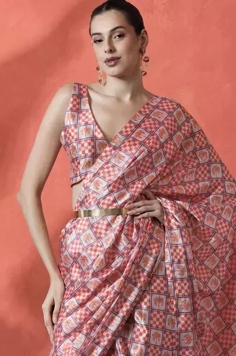 Peach ready to wear checked digital printed saree