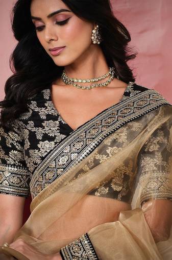 Beige georgeous  women embellished shimmer look organza saree with blouse piece