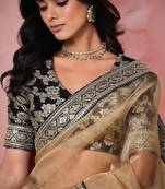Beige georgeous  women embellished shimmer look organza saree with blouse piece