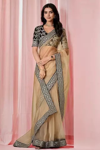 Beige georgeous  women embellished shimmer look organza saree with blouse piece