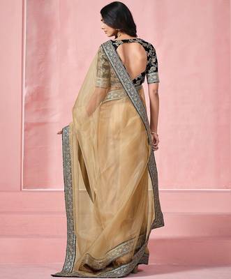 Beige georgeous  women embellished shimmer look organza saree with blouse piece 3