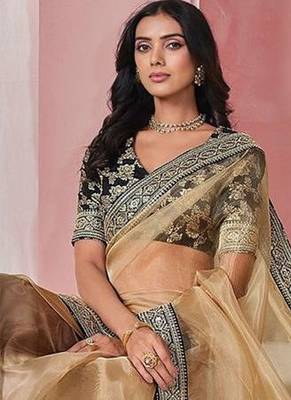 Beige georgeous  women embellished shimmer look organza saree with blouse piece 4
