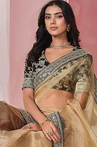 Beige georgeous  women embellished shimmer look organza saree with blouse piece
