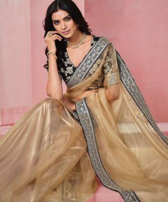 Beige georgeous  women embellished shimmer look organza saree with blouse piece 5