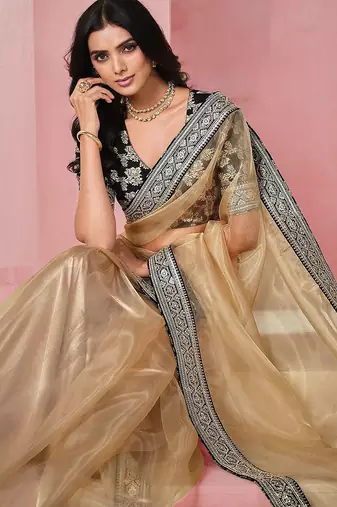 Beige georgeous  women embellished shimmer look organza saree with blouse piece