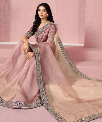Pink sequinned saree with blouse piece 1