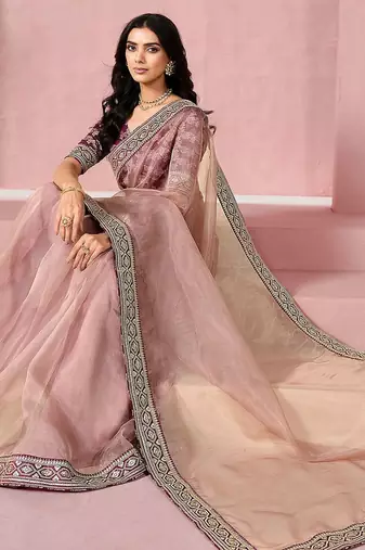 Pink sequinned saree with blouse piece