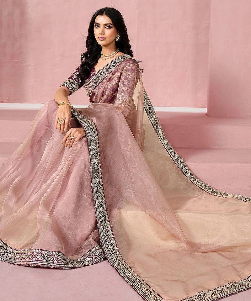 Pink sequinned saree with blouse piece
