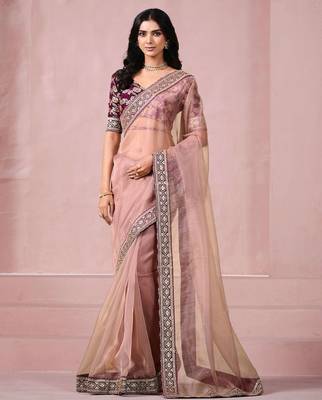 Pink sequinned saree with blouse piece 2