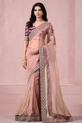 Pink sequinned saree with blouse piece