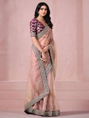 Pink sequinned saree with blouse piece 3