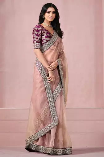 Pink sequinned saree with blouse piece