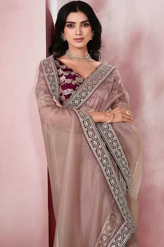 Pink sequinned saree with blouse piece