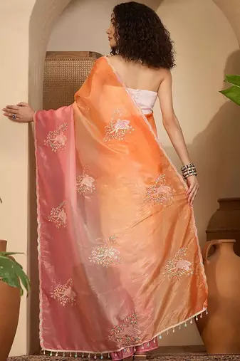 Pink ombre embroidered sarees with tassels & blouse piece