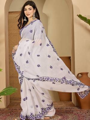White embroidered chiffon saree 2