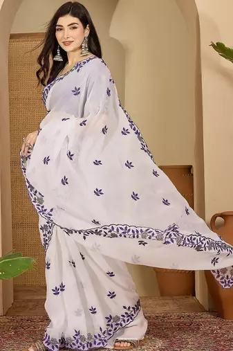 White embroidered chiffon saree