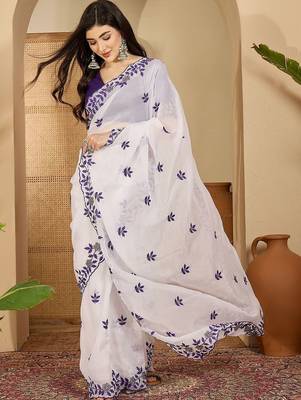 White embroidered chiffon saree 3