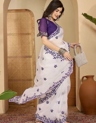 White embroidered chiffon saree 4