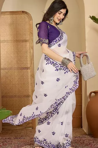 White embroidered chiffon saree