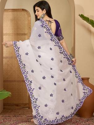White embroidered chiffon saree 5