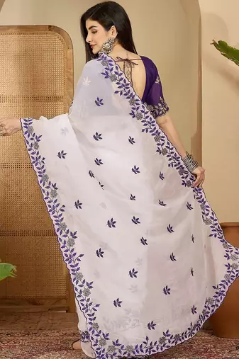 White embroidered chiffon saree