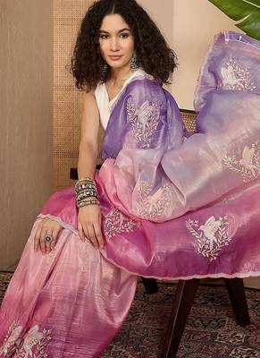 Purple ombre embroidered sarees with scallop border tassels & blouse piece 1