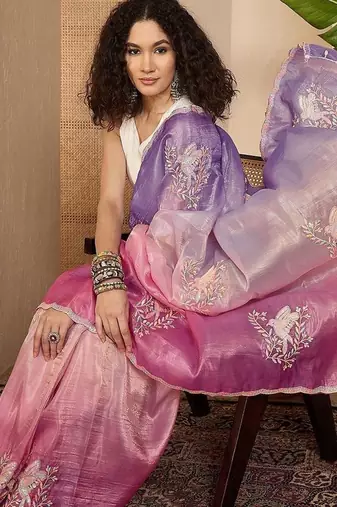Purple ombre embroidered sarees with scallop border tassels & blouse piece
