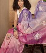 Purple ombre embroidered sarees with scallop border tassels & blouse piece