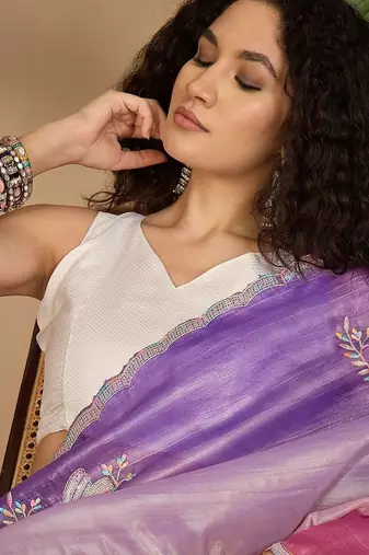 Purple ombre embroidered sarees with scallop border tassels & blouse piece