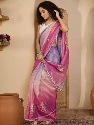 Purple ombre embroidered sarees with scallop border tassels & blouse piece 3