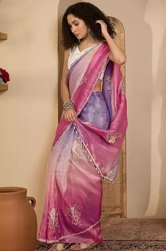 Purple ombre embroidered sarees with scallop border tassels & blouse piece
