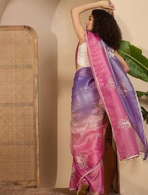 Purple ombre embroidered sarees with scallop border tassels & blouse piece 4