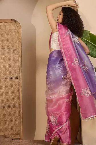 Purple ombre embroidered sarees with scallop border tassels & blouse piece